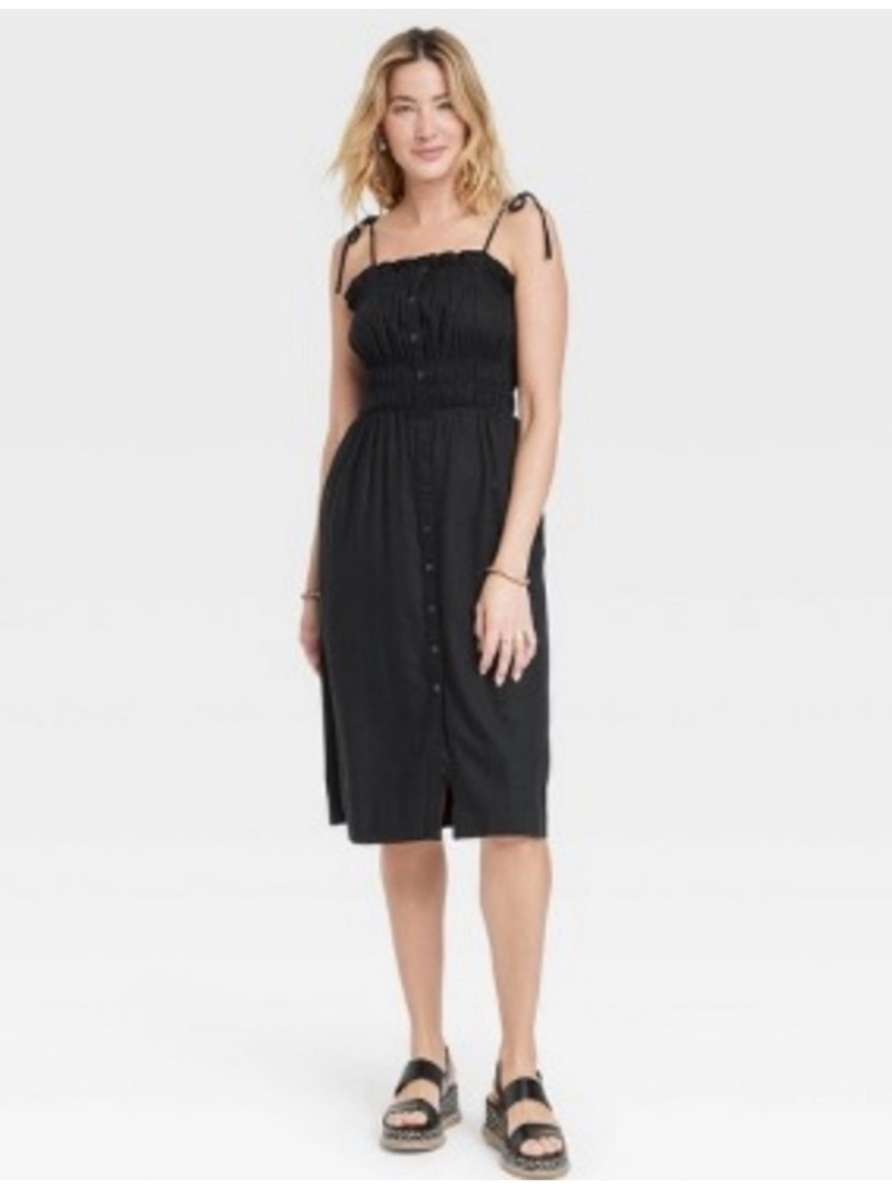 Universal thread black linen blend midi dress tie straps